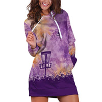 Custom Disc Golf Hoodie Dress with Purple Sunset Tie Dye Basket and Player Silhouette - Wonder Print Shop