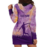 Custom Disc Golf Hoodie Dress with Purple Sunset Tie Dye Basket and Player Silhouette - Wonder Print Shop