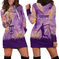 Custom Disc Golf Hoodie Dress with Purple Sunset Tie Dye Basket and Player Silhouette - Wonder Print Shop