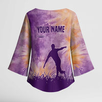 Custom Disc Golf Kimono Sleeve Blouse with Purple Sunset Tie Dye Basket and Player Silhouette - Wonder Print Shop