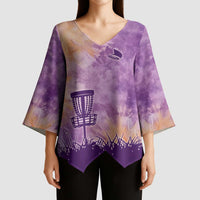Custom Disc Golf Kimono Sleeve Blouse with Purple Sunset Tie Dye Basket and Player Silhouette - Wonder Print Shop