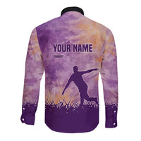 Custom Disc Golf Long Sleeve Button Shirt with Purple Sunset Tie Dye Basket and Player Silhouette - Wonder Print Shop
