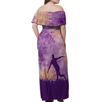 Custom Disc Golf Off Shoulder Maxi Dress with Purple Sunset Tie Dye Basket and Player Silhouette - Wonder Print Shop