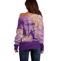 Custom Disc Golf Off Shoulder Sweater with Purple Sunset Tie Dye Basket and Player Silhouette - Wonder Print Shop