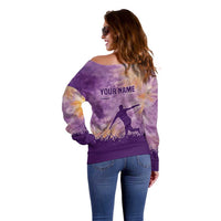 Custom Disc Golf Off Shoulder Sweater with Purple Sunset Tie Dye Basket and Player Silhouette - Wonder Print Shop