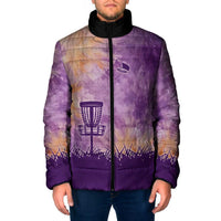 Custom Disc Golf Padded Jacket with Purple Sunset Tie Dye Basket and Player Silhouette - Wonder Print Shop