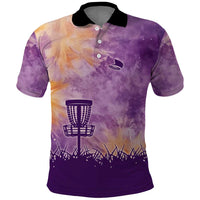 Custom Disc Golf Polo Shirt with Purple Sunset Tie Dye Basket and Player Silhouette - Wonder Print Shop
