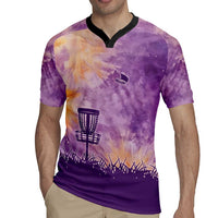 Custom Disc Golf Rugby Jersey with Purple Sunset Tie Dye Basket and Player Silhouette - Wonder Print Shop