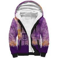 Custom Disc Golf Sherpa Hoodie with Purple Sunset Tie Dye Basket and Player Silhouette - Wonder Print Shop