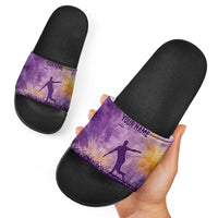 Custom Disc Golf Slide Sandals with Purple Sunset Tie Dye Basket and Player Silhouette - Wonder Print Shop