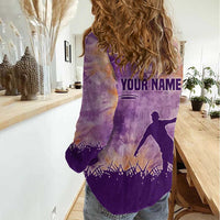 Custom Disc Golf Women Casual Shirt with Purple Sunset Tie Dye Basket and Player Silhouette - Wonder Print Shop