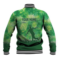 Custom Disc Golf Baseball Jacket with Green Tie Dye Basket and Player Silhouette - Wonder Print Shop