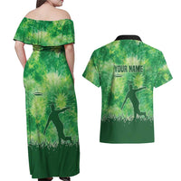 Custom Disc Golf Couples Matching Off Shoulder Maxi Dress and Hawaiian Shirt with Green Tie Dye Basket and Player Silhouette - Wonder Print Shop