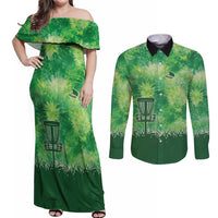 Custom Disc Golf Couples Matching Off Shoulder Maxi Dress and Long Sleeve Button Shirt with Green Tie Dye Basket and Player Silhouette - Wonder Print Shop