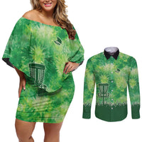 Custom Disc Golf Couples Matching Off Shoulder Short Dress and Long Sleeve Button Shirt with Green Tie Dye Basket and Player Silhouette - Wonder Print Shop