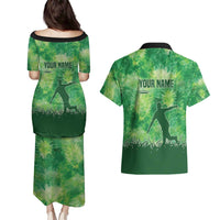 Custom Disc Golf Couples Matching Puletasi and Hawaiian Shirt with Green Tie Dye Basket and Player Silhouette - Wonder Print Shop