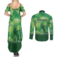 Custom Disc Golf Couples Matching Summer Maxi Dress and Long Sleeve Button Shirt with Green Tie Dye Basket and Player Silhouette - Wonder Print Shop