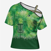 Custom Disc Golf Cross Shoulder Shirt with Green Tie Dye Basket and Player Silhouette - Wonder Print Shop
