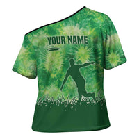 Custom Disc Golf Cross Shoulder Shirt with Green Tie Dye Basket and Player Silhouette - Wonder Print Shop