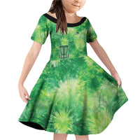 Custom Disc Golf Family Matching Off Shoulder Short Dress and Hawaiian Shirt with Green Tie Dye Basket and Player Silhouette - Wonder Print Shop