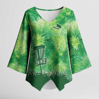 Custom Disc Golf Kimono Sleeve Blouse with Green Tie Dye Basket and Player Silhouette - Wonder Print Shop