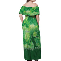 Custom Disc Golf Off Shoulder Maxi Dress with Green Tie Dye Basket and Player Silhouette - Wonder Print Shop