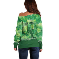 Custom Disc Golf Off Shoulder Sweater with Green Tie Dye Basket and Player Silhouette - Wonder Print Shop