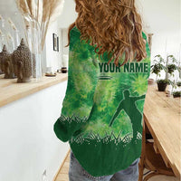 Custom Disc Golf Women Casual Shirt with Green Tie Dye Basket and Player Silhouette - Wonder Print Shop