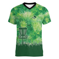 Custom Disc Golf Women V-Neck T-Shirt with Green Tie Dye Basket and Player Silhouette - Wonder Print Shop