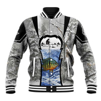 Custom Bluegill Ice Fishing Winter Camo Baseball Jacket with Snowy Forest Background Colorful Fish - Wonder Print Shop