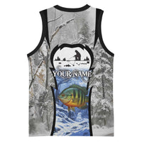 Custom Bluegill Ice Fishing Winter Camo Basketball Jersey with Snowy Forest Background Colorful Fish - Wonder Print Shop