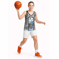 Custom Bluegill Ice Fishing Winter Camo Basketball Jersey with Snowy Forest Background Colorful Fish - Wonder Print Shop