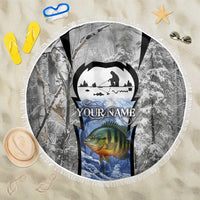 Custom Bluegill Ice Fishing Winter Camo Beach Blanket with Snowy Forest Background Colorful Fish - Wonder Print Shop