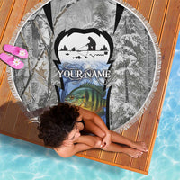 Custom Bluegill Ice Fishing Winter Camo Beach Blanket with Snowy Forest Background Colorful Fish - Wonder Print Shop