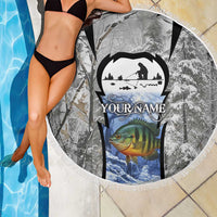 Custom Bluegill Ice Fishing Winter Camo Beach Blanket with Snowy Forest Background Colorful Fish - Wonder Print Shop