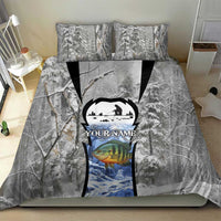 Custom Bluegill Ice Fishing Winter Camo Bedding Set with Snowy Forest Background Colorful Fish - Wonder Print Shop