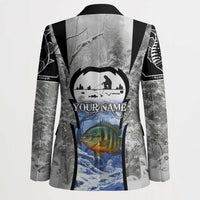 Custom Bluegill Ice Fishing Winter Camo Blazer with Snowy Forest Background Colorful Fish - Wonder Print Shop