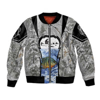 Custom Bluegill Ice Fishing Winter Camo Bomber Jacket with Snowy Forest Background Colorful Fish - Wonder Print Shop