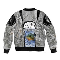 Custom Bluegill Ice Fishing Winter Camo Bomber Jacket with Snowy Forest Background Colorful Fish - Wonder Print Shop