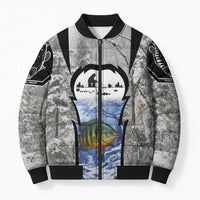 Custom Bluegill Ice Fishing Winter Camo Bomber Puffer Jacket with Snowy Forest Background Colorful Fish - Wonder Print Shop