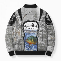 Custom Bluegill Ice Fishing Winter Camo Bomber Puffer Jacket with Snowy Forest Background Colorful Fish - Wonder Print Shop