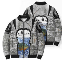 Custom Bluegill Ice Fishing Winter Camo Bomber Puffer Jacket with Snowy Forest Background Colorful Fish - Wonder Print Shop