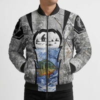 Custom Bluegill Ice Fishing Winter Camo Bomber Puffer Jacket with Snowy Forest Background Colorful Fish - Wonder Print Shop