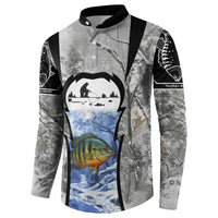 Custom Bluegill Ice Fishing Winter Camo Button Sweatshirt with Snowy Forest Background Colorful Fish - Wonder Print Shop