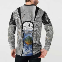 Custom Bluegill Ice Fishing Winter Camo Button Sweatshirt with Snowy Forest Background Colorful Fish - Wonder Print Shop