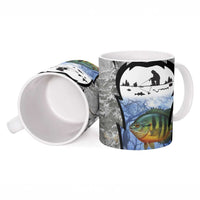 Custom Bluegill Ice Fishing Winter Camo Ceramic Mug with Snowy Forest Background Colorful Fish - Wonder Print Shop