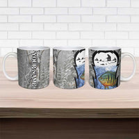 Custom Bluegill Ice Fishing Winter Camo Ceramic Mug with Snowy Forest Background Colorful Fish - Wonder Print Shop