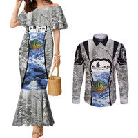 Custom Bluegill Ice Fishing Winter Camo Couples Matching Mermaid Dress and Long Sleeve Button Shirt with Snowy Forest Background Colorful Fish - Wonder Print Shop