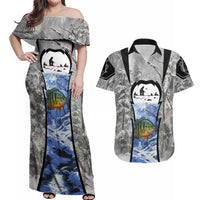 Custom Bluegill Ice Fishing Winter Camo Couples Matching Off Shoulder Maxi Dress and Hawaiian Shirt with Snowy Forest Background Colorful Fish - Wonder Print Shop