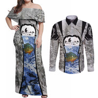 Custom Bluegill Ice Fishing Winter Camo Couples Matching Off Shoulder Maxi Dress and Long Sleeve Button Shirt with Snowy Forest Background Colorful Fish - Wonder Print Shop